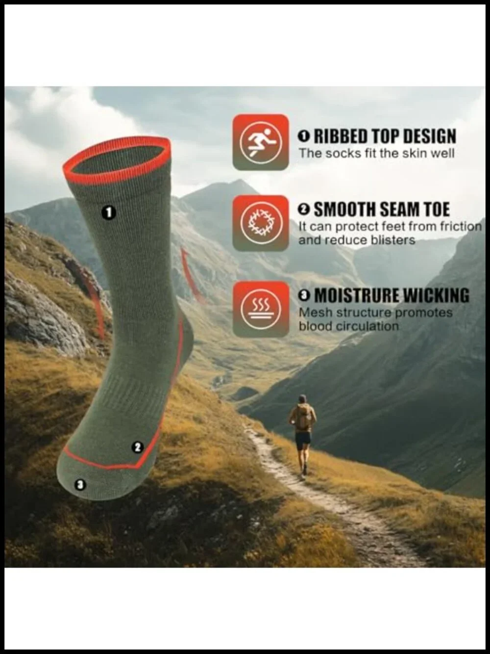 Merino Wool Hiking Socks for Men, 3-Pair Cushioned Crew with Arch Support
